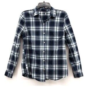 Womens Medium Blue Plaid Long Sleeve Button Down